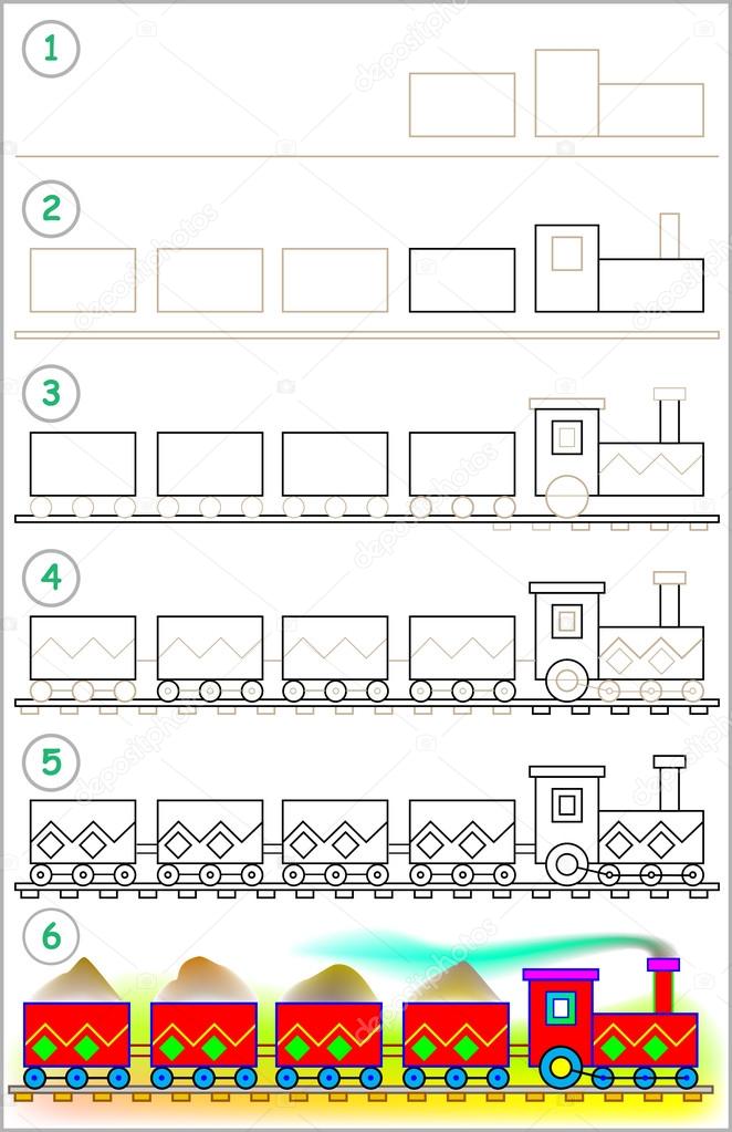 Page shows how to learn step by step to draw a train.