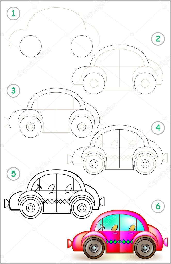 Page shows how to learn step by step to draw car.