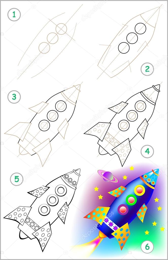 Page shows how to learn step by step to draw rocket.