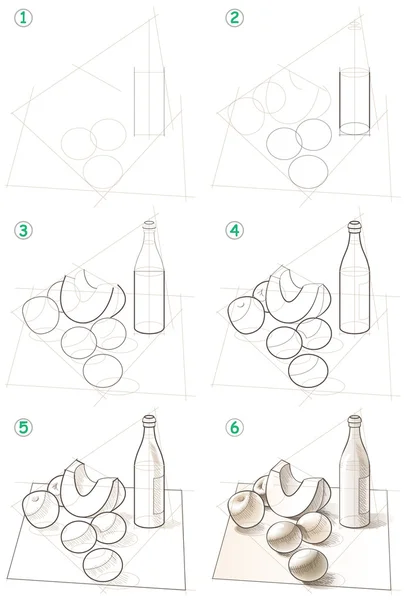 Página mostra como aprender passo a passo para desenhar uma vida tranquila . —  Vetores de Stock