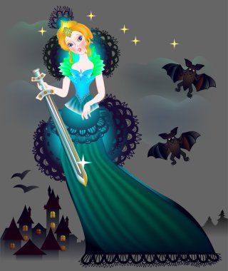 Illustration of magic princess wits a sword in wonderland. clipart