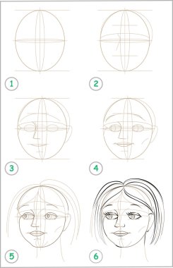 Page shows how to learn step by step to draw girls head.