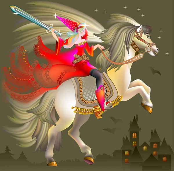 Illustration of magic princess wits a sword riding on horse. — Wektor stockowy