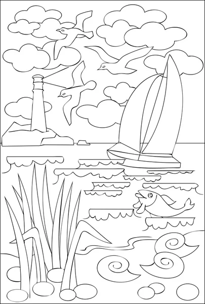 Page with black and white drawing of seascape for coloring. — Stock Vector