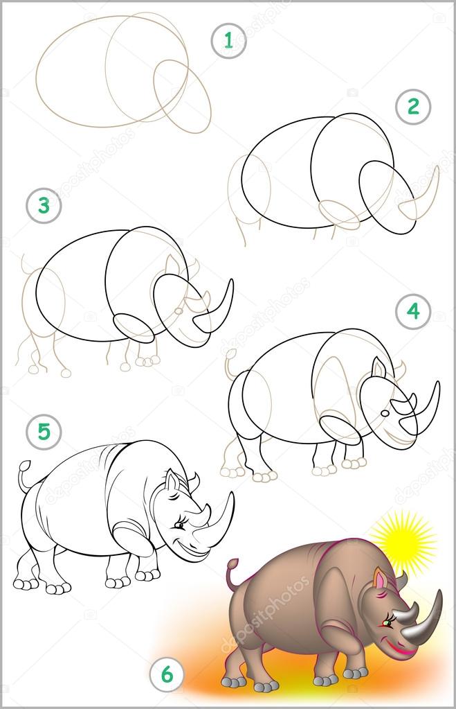Page shows how to learn step by step to draw a rhinoceros.