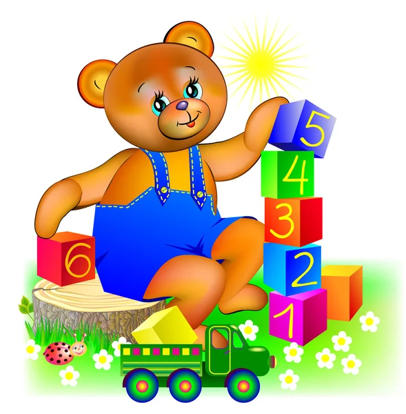 Illustration of little teddy bear playing with cubes. — Stock Vector