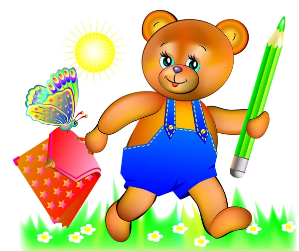 Illustration of happy teddy bear going to school. — Stock Vector