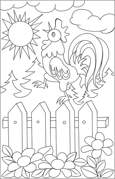 Page with black and white drawing of rooster for coloring. — 스톡 벡터