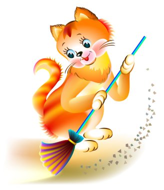 Illustration of funny kitten sweeping the floor.