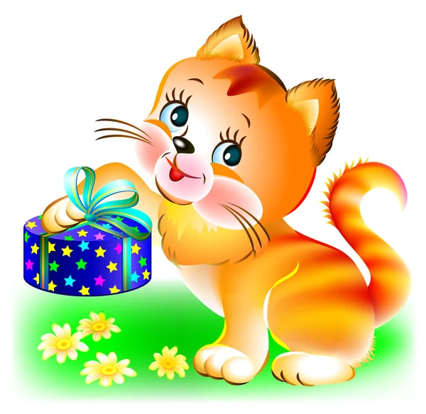 Illustration of joyful kitten holding a present. — Stockvector