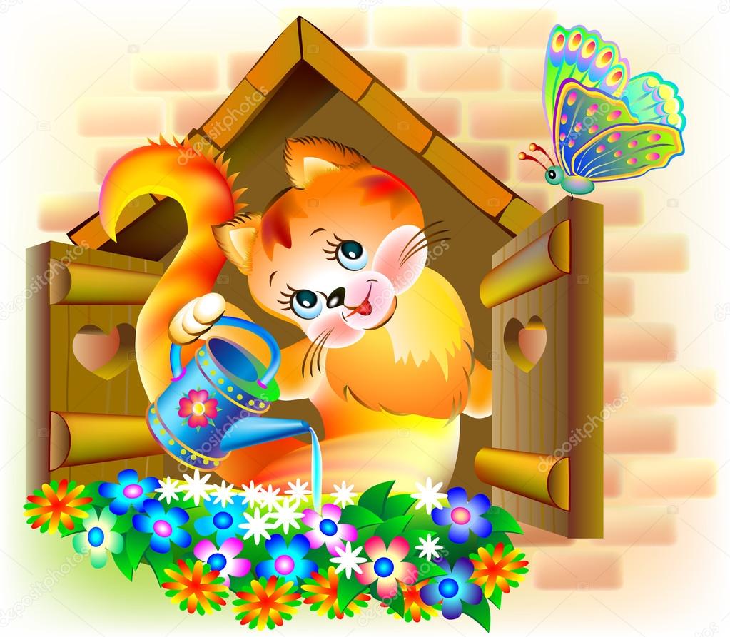 Illustration of little kitten watering flowers.