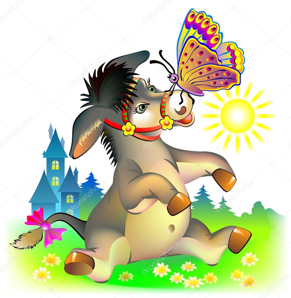 Illustration of little donkey playing with butterfly.