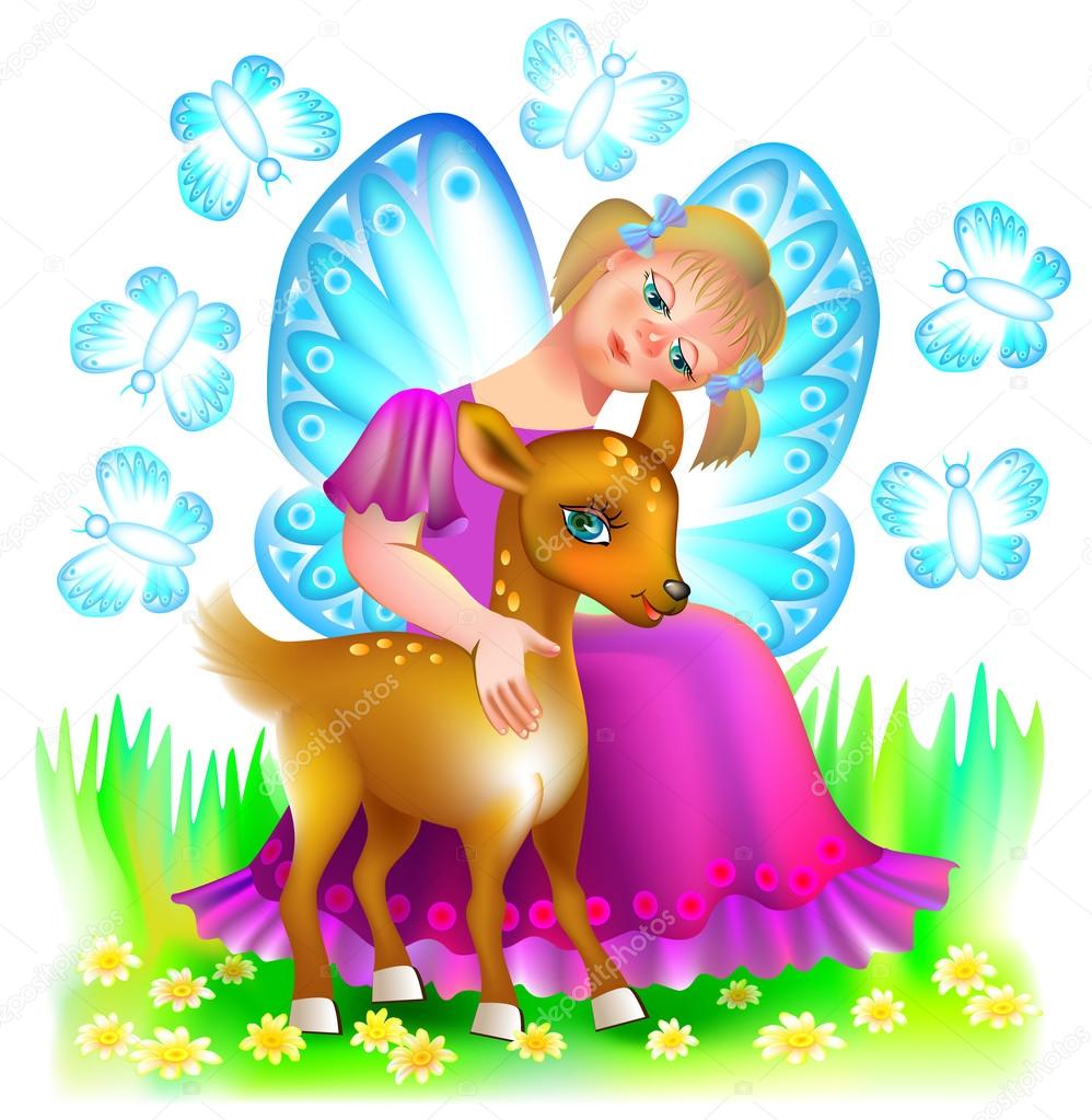 Illustration of small fairy hugging a cute fawn.