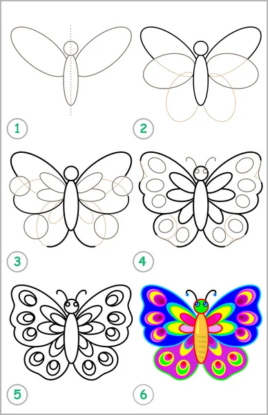 Σελίδα δείχνει πώς να μάθετε βήμα-βήμα για να σχεδιάσετε μια πεταλούδα. — Διανυσματικό Αρχείο