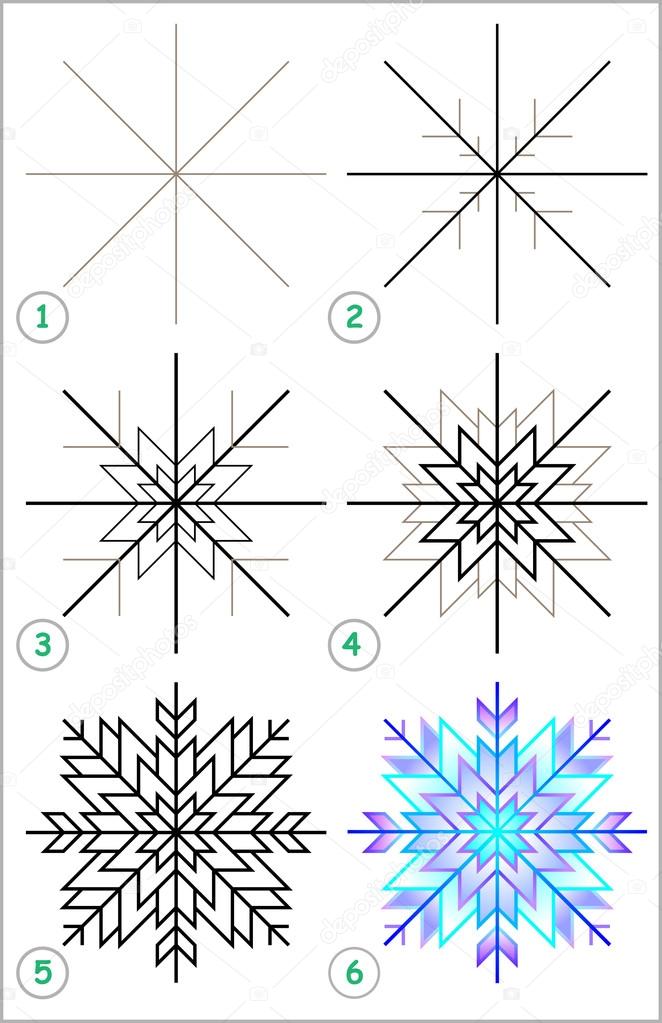 Page shows how to learn step by step to draw a snowflake.
