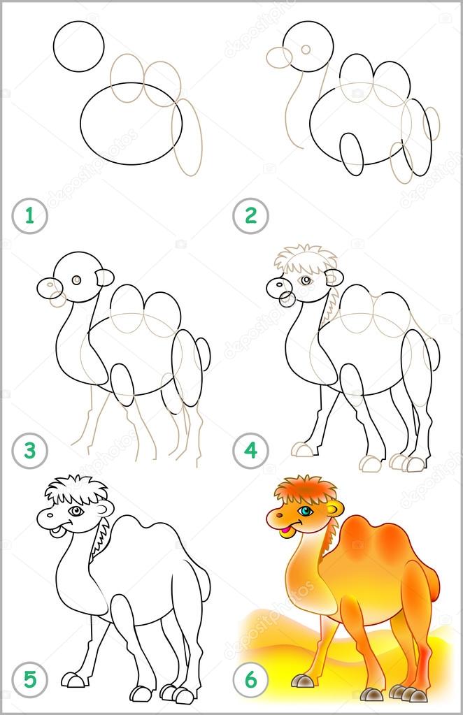 Page shows how to learn step by step to draw a camel.