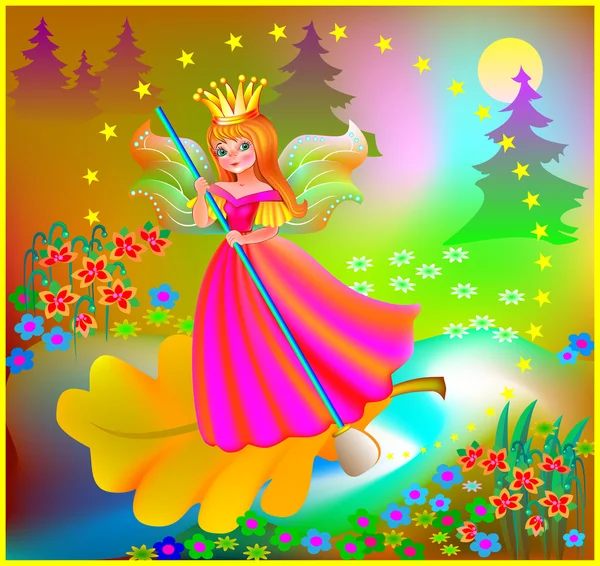Illustration of beautiful fairy floating down the river in the magic forest. — Stock Vector