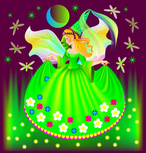 Illustration of beautiful fairy dreaming in the nighttime. — Stock Vector