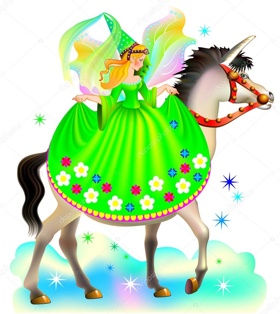 Illustration of fairy riding on unicorn.