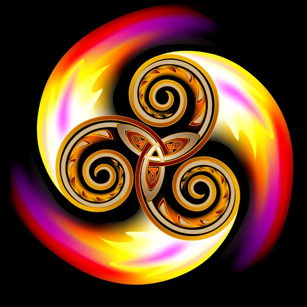 Dysku celtycki ornament z symbol potrójnej spirali i płomienie. — Wektor stockowy