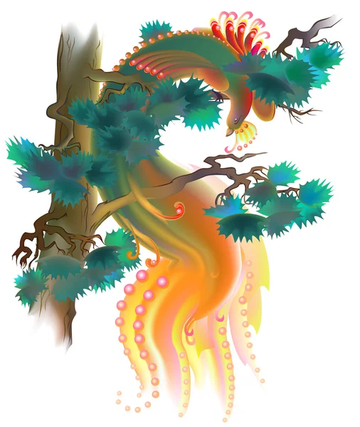 Εικονογράφηση της fairyland πουλί κάθεται σε ένα κλαδί του πεύκου. — Διανυσματικό Αρχείο