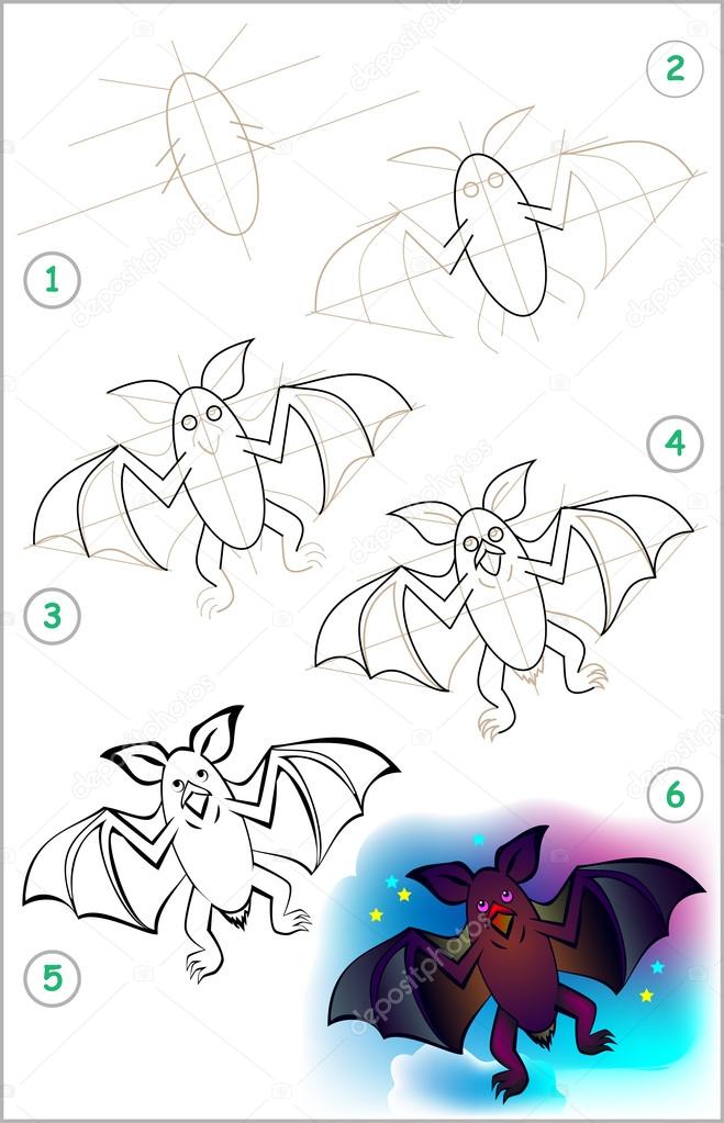 Page shows how to learn step by step to draw a bat.