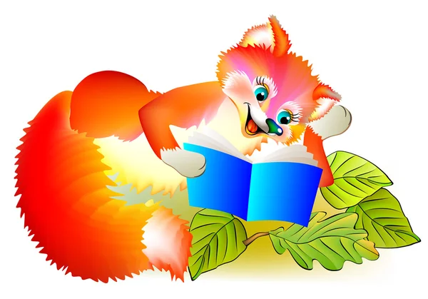 Illustration av liten räv läser en bok. — Stock vektor