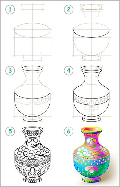 Pagina mostra come imparare passo dopo passo a disegnare un bellissimo vaso . — Vettoriale Stock