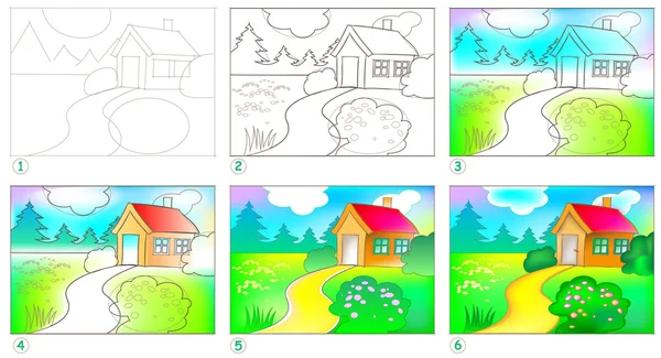 Página muestra cómo aprender paso a paso para pintar un paisaje . — Vector de stock