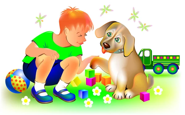 Filhote de cachorro dá pata para o menino . — Vetor de Stock