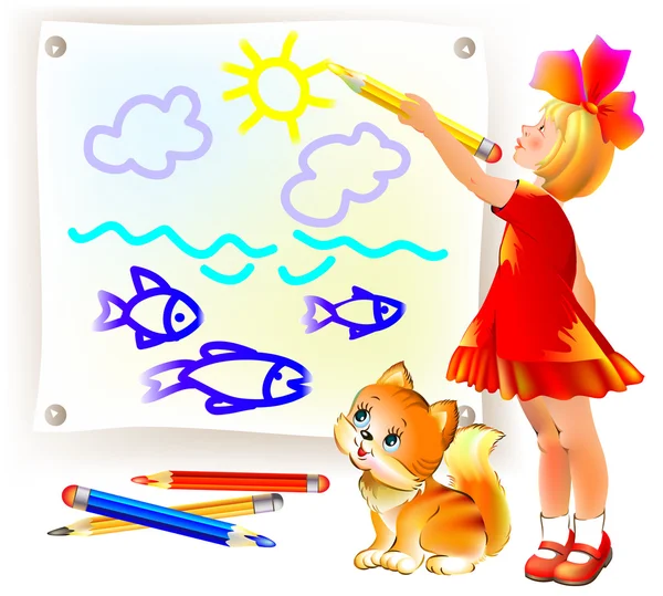 Illustration av liten flicka ritning bild. — Stock vektor