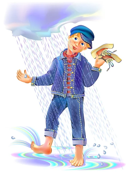 Ilustración de niño divertido bajo la lluvia . — Archivo Imágenes Vectoriales