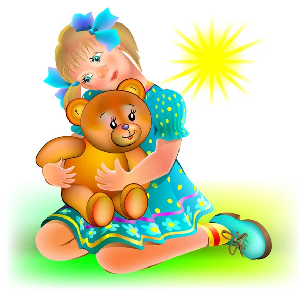 Illustratie van een meisje houden teddybeer. — Stockvector