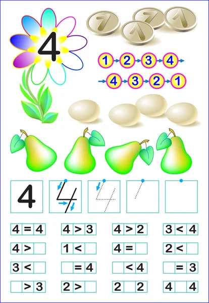 Página educativa para niños con número 4 . — Archivo Imágenes Vectoriales