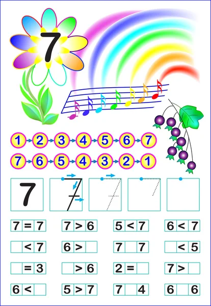 Pagina educativa per bambini con il numero 7 . — Vettoriale Stock