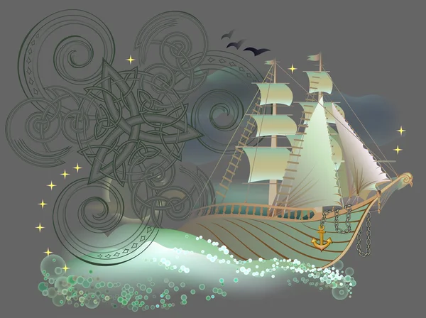 Tündérország fantasy kelta hajó illusztrációja. — Stock Vector