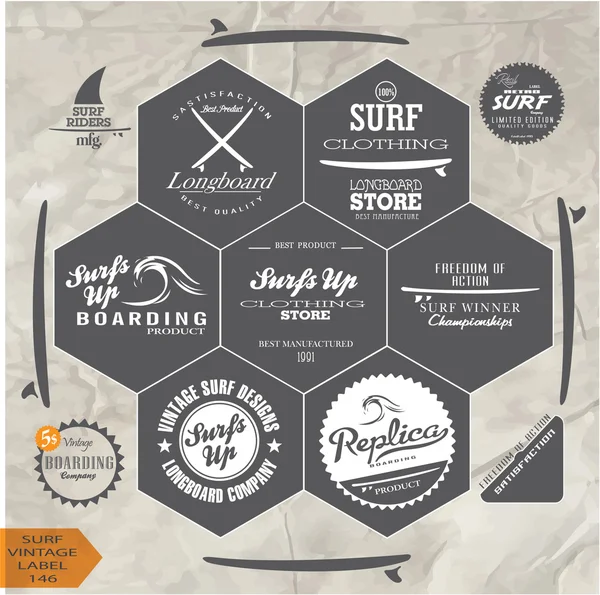 Elementos vintage surf, rótulos — Vetor de Stock