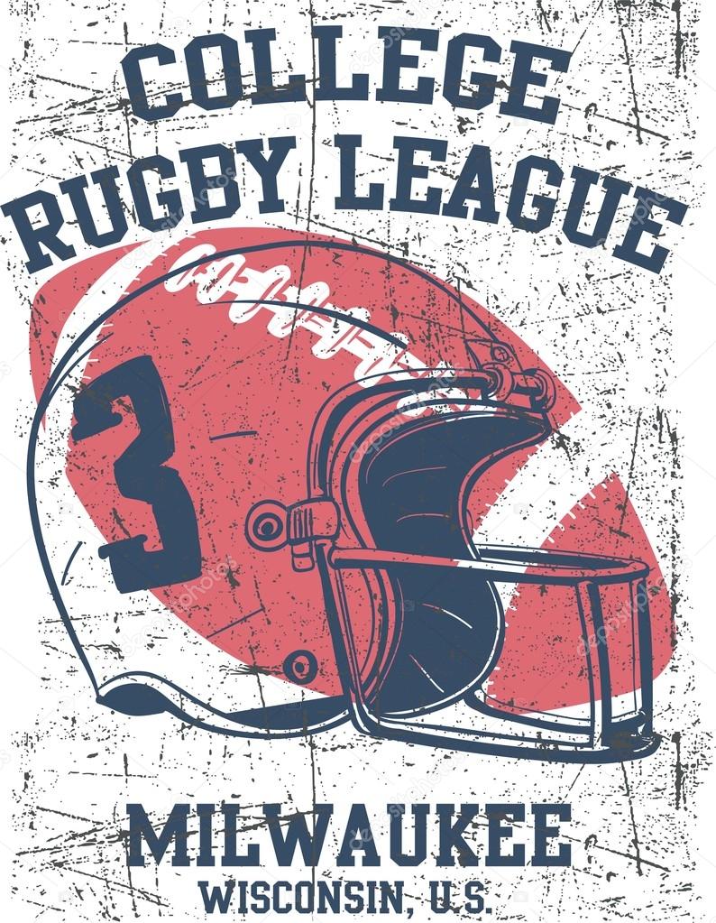 College rugby team badge in retro style. Graphic design for t-shirt. White print on a dark background