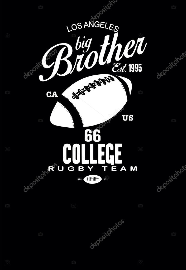 College rugby team badge in retro style. Graphic design for t-shirt. White print on a dark background