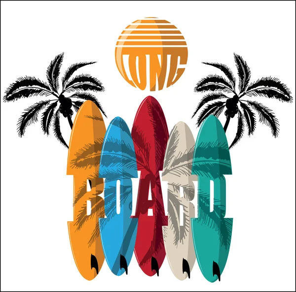 Placa de surf vetorial e impressão palmeira —  Vetores de Stock