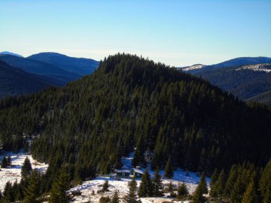 Her yer yemyeşil ve yerde karla kaplı bir dağın manzarası.