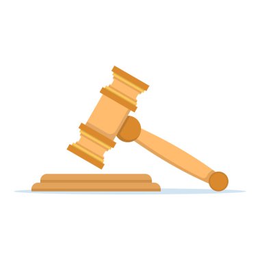 Tahta bir yargıcın tokmak ve ses bloğunun yasayı, adaleti ve hukuki otoriteyi simgeleyen düz tasarım çizimi.