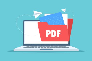 Dosyaların dizinler arasında aktarıldığını, dosya transferini, dijital paylaşımı ve basit PDF simgelerini temsil ettiğini gösteren PDF belge paylaşım kavramı. arkaplanda düz vektör illüstrasyonu.