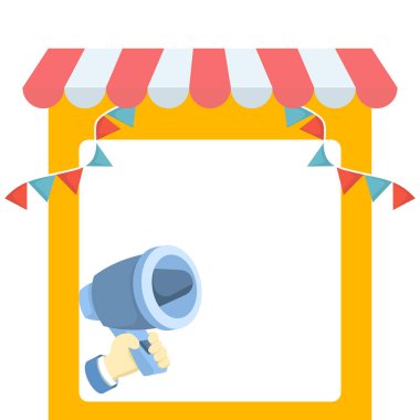 Reklam için megafonlu kırmızı ve beyaz tanıtım çerçevesi. Çevrimiçi mağaza pazarlaması, satış afişleri, ürün tanıtımları, posterler ve dijital perakende şablonları için uygun vektör tasarımı.