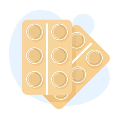 Ağrı kesici ve vitamin ilacı ambalajı, kabarcık tablet ve şişe takviyesi, sağlık ürünleri, tıbbi ve sağlıklı yaşam için karikatür vektör çizimi.