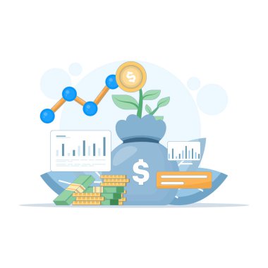 ROI yatırım konsepti, iş başarısı okları, para çantaları, madeni paralı dolar fabrikası, kar büyüme grafiği, finansal trend grafikleri, modern düz vektör çizimi.