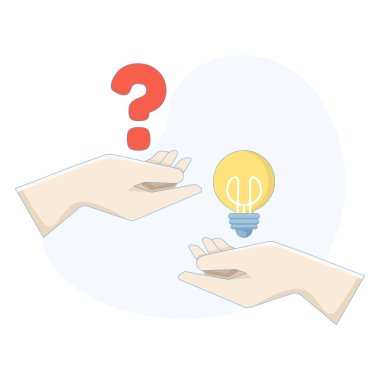 Sorular ve cevaplar konsept, problemler ve çözümler, el ele tutuşmalar soru işareti ve ampul, fikir ve anlayış, beyin fırtınası, problem çözme, vektör çizimi.