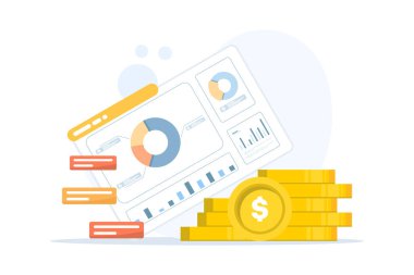 Veri tabloları ve büyüme raporlarıyla mali planlama ve yatırım analizi. İş stratejisi, pazarlama sezgileri ve analitik beyin fırtınası için vektör tasarımı.