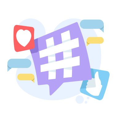 Sosyal medya etkileşimini sembolize eden hashtag ile konuşma balonu. Etkilenenler, gönderiler, hikayeler, avatarlar ve kişisel günlük etkinlikleri için temiz vektör tasarımı.