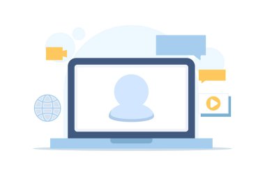 Webinar ve video sohbet ikonu vektörü, dizüstü veya bilgisayar görüntüsü, çevrimiçi seminer, sanal hoparlör, dijital iletişim konsepti, web konferansı basit illüstrasyon.